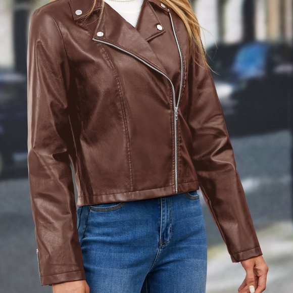 Clearance!! Brand New Zip Up PU Leather Moto Jacket Coffee Brown - Picture 6 of 6